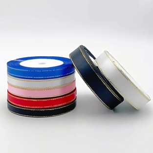 1cm Satin Ribbon with Two Side Gold Strips Single Face Ribbon